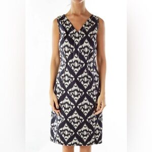 Talbots sz. 10 stretch navy blue and white ikat patterned dress l easter, office